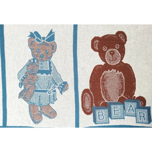 Tapestry Throw Blanket Vintage Teddy Bears Hearts MWW 1992 48" x 71" Fringe Blue - Picture 3 of 11